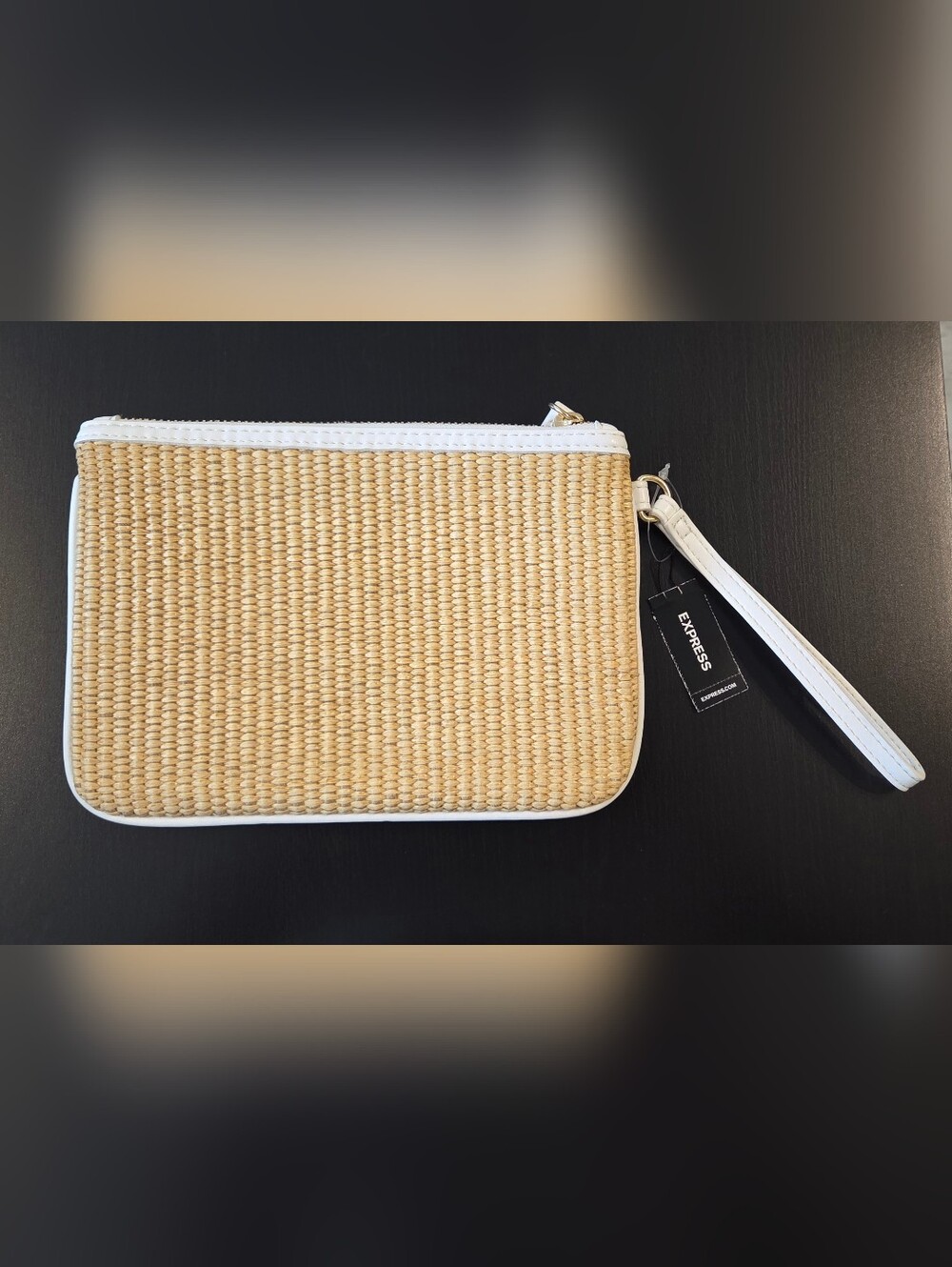 Express Straw Woven Wristlet Clutch Pouch White Trim NWT